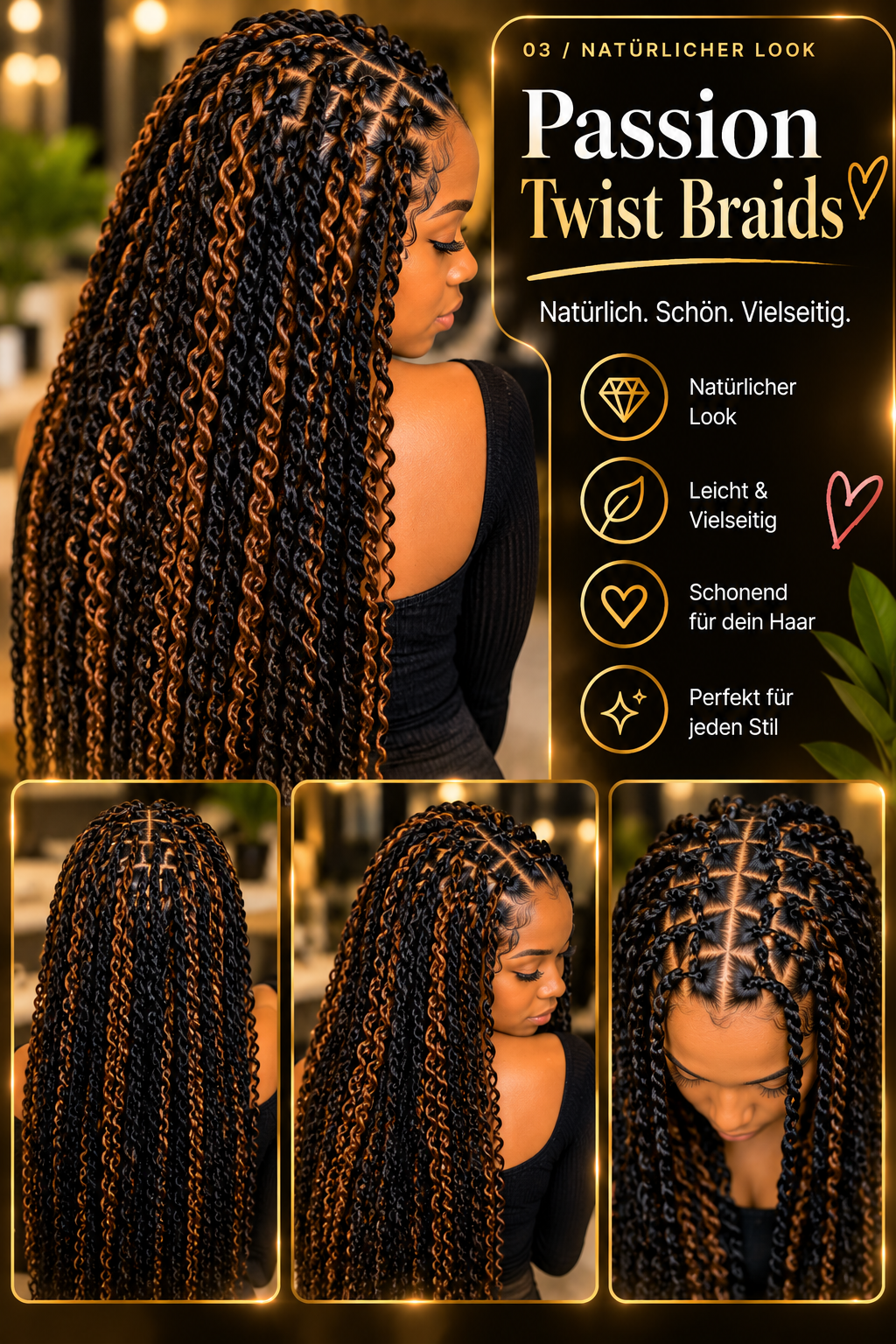 Lange Passion Twist Braids in dunklen und warmen Brauntönen